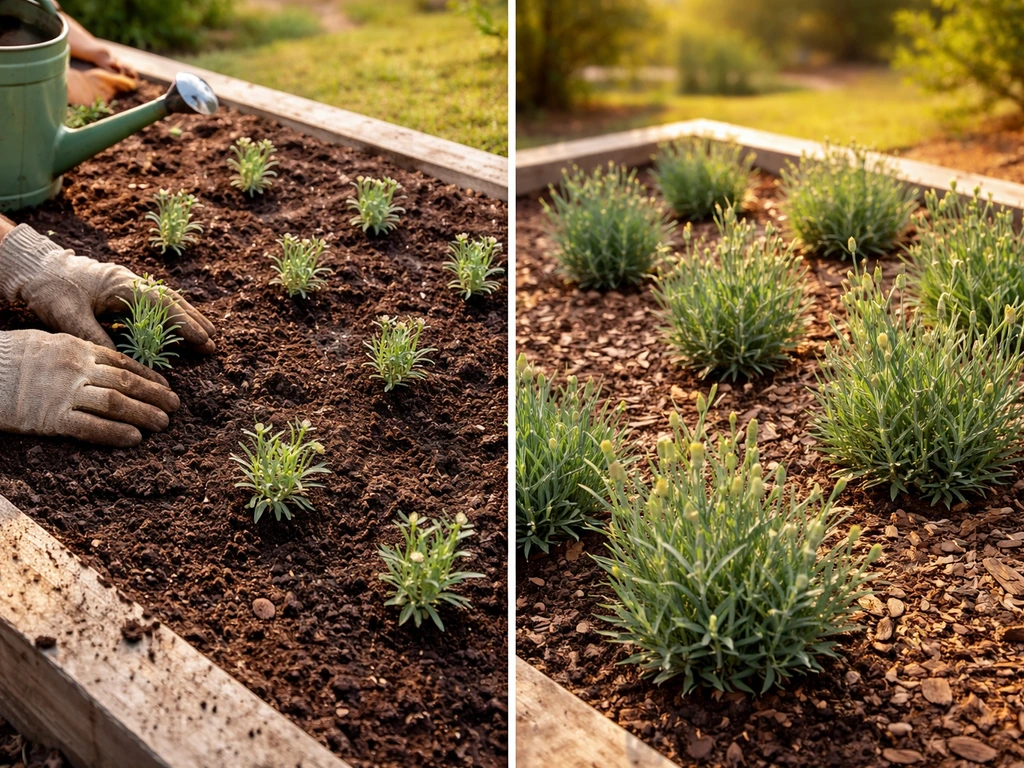 Gardener placing carnation seedlings in a sunlit garden bed with visible spacing, Texas planting timing feel.