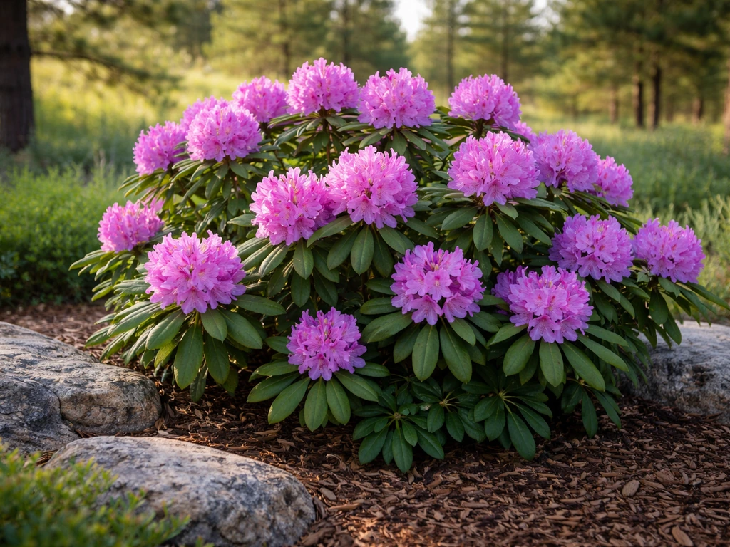 Lush blooming rhododendron in a protected Colorado garden microclimate in morning light.