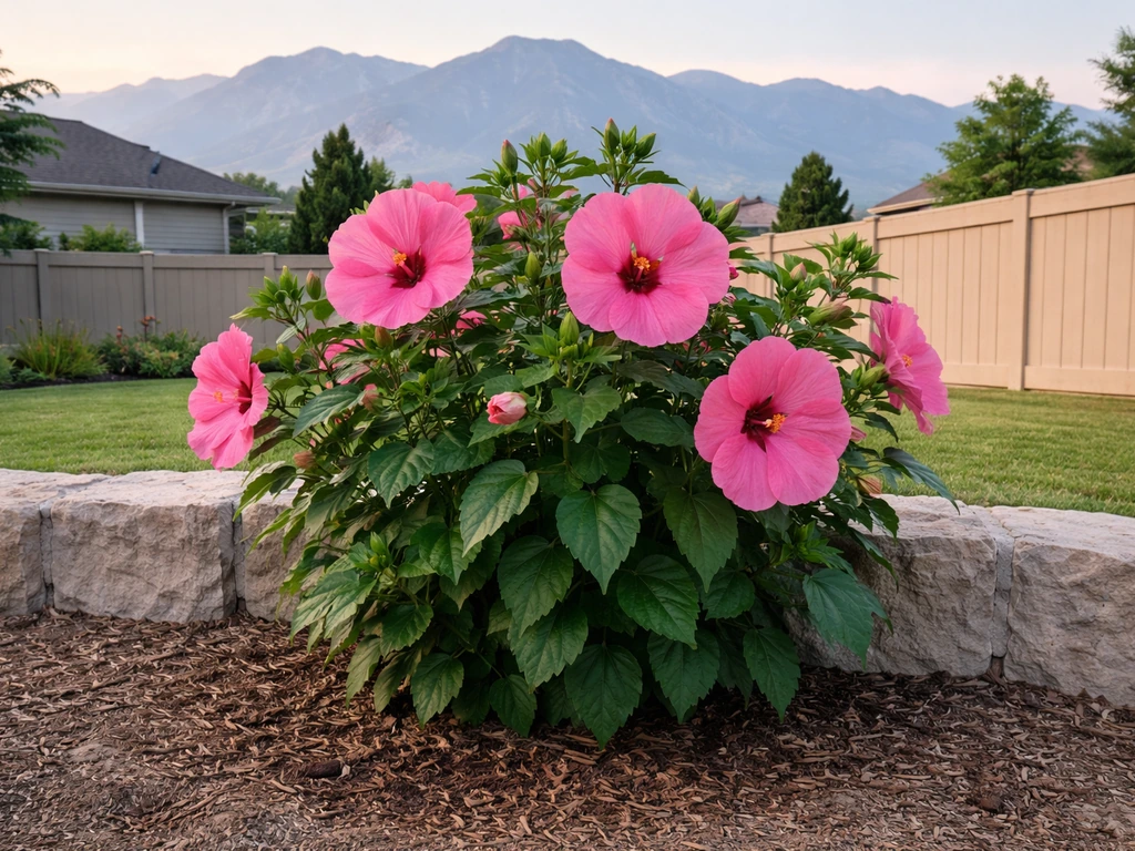 Hardy pink hibiscus blooming in a Utah garden with distant Wasatch Front mountains behind it.