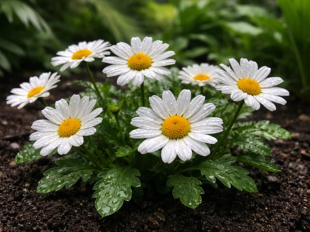 Chamomile-like daisy blooms with water droplets growing in a lush tropical garden, warm humid feel.