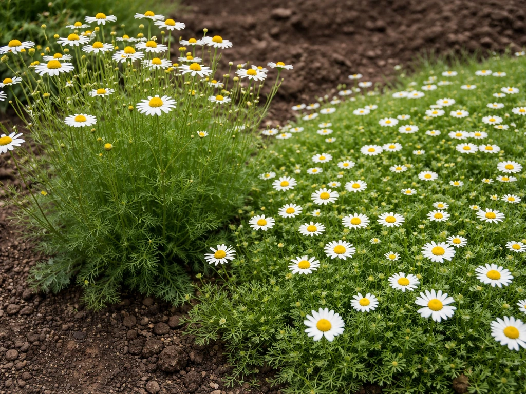 German chamomile upright blooms and Roman chamomile low groundcover side-by-side in soft natural light.