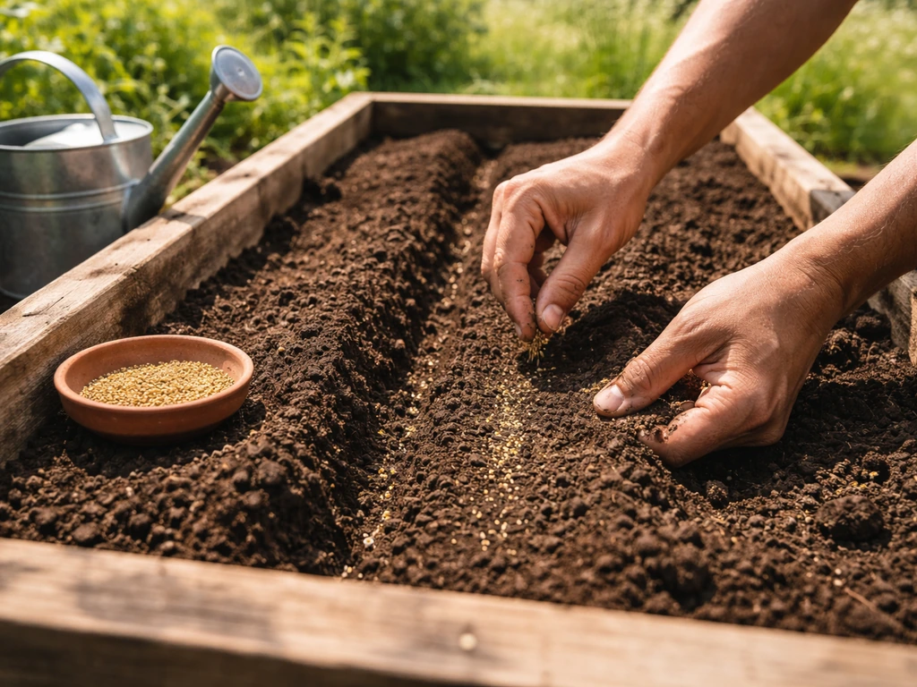 Anonymous hands sow chamomile seeds in a raised bed in bright direct sun.