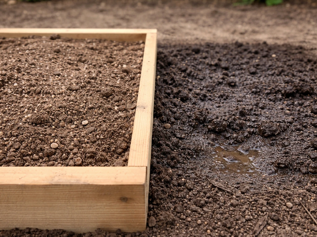 Raised bed with light, airy soil mix beside a damp, heavy soil patch in a backyard garden.