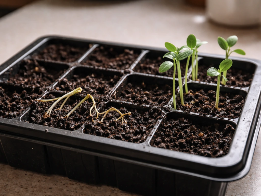 Seed tray showing damping-off seedlings collapsed beside healthier upright seedlings.