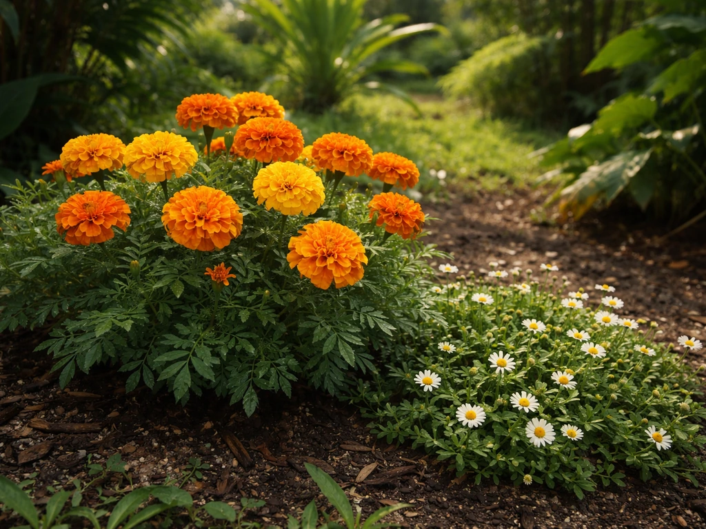 Small tropical garden bed with a cluster of marigolds and a nearby daisy-like flowering herb.