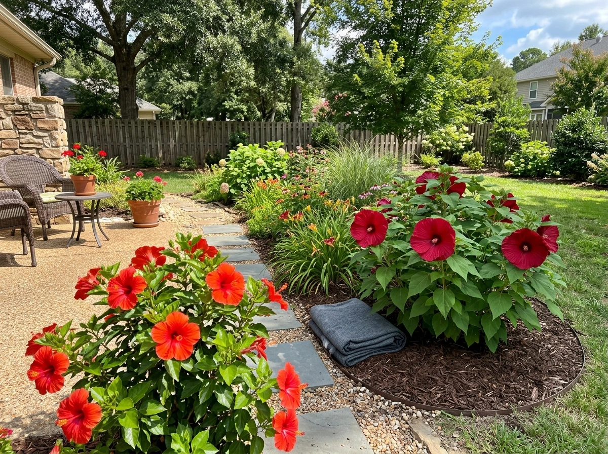 Tropical and hardy hibiscus growing outdoors with a clear seasonal contrast of warm blooms and winter protection