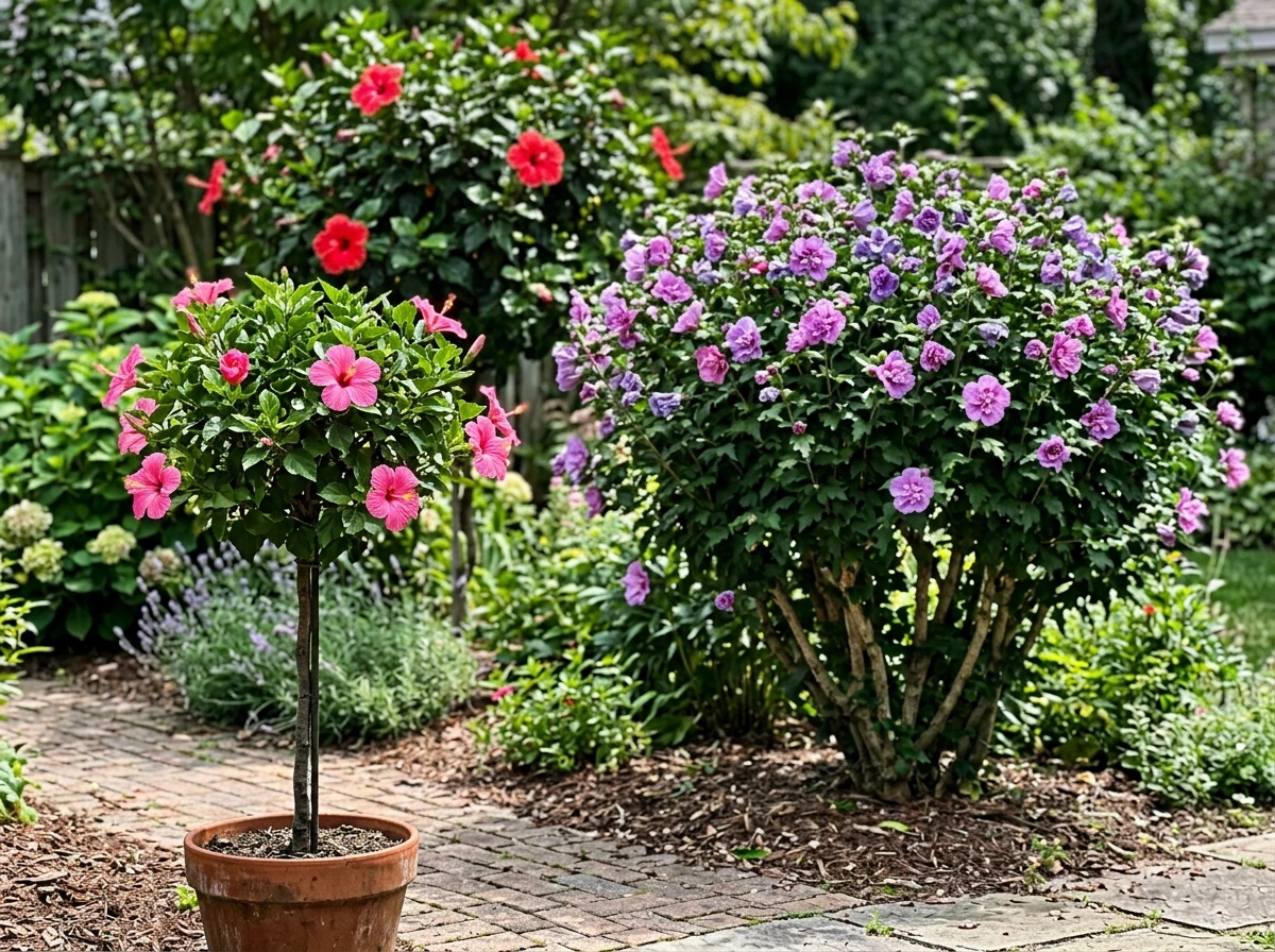 Hibiscus in both tree-like trunk form and shrub form in a sunny home garden