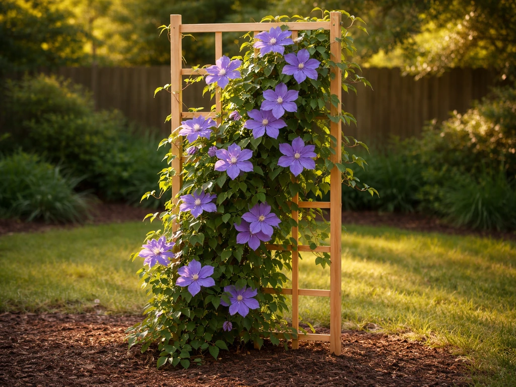 Lush clematis vine blooming on a trellis in a warm Texas garden, roots shaded by mulch.