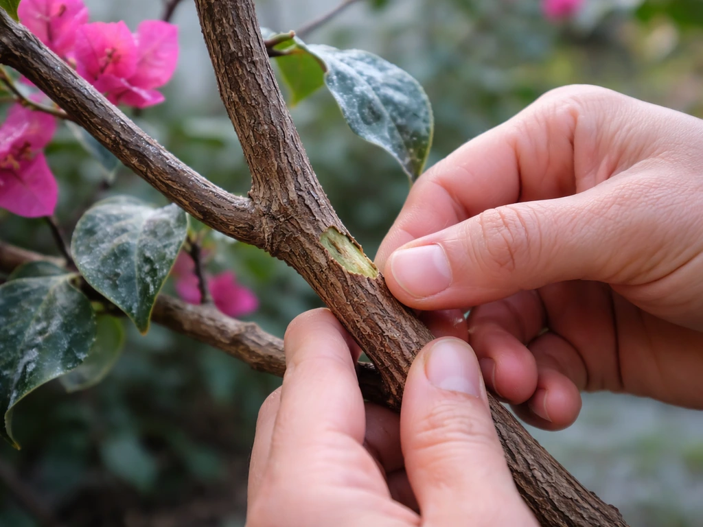 Gardener gently scratches bougainvillea bark to check stems after a freeze