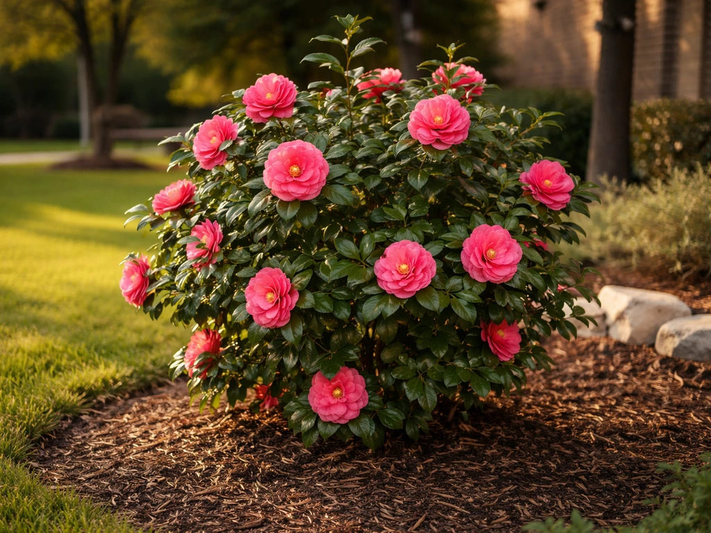 Camellia shrub in bloom in a Texas backyard garden with warm sunlight and greenery