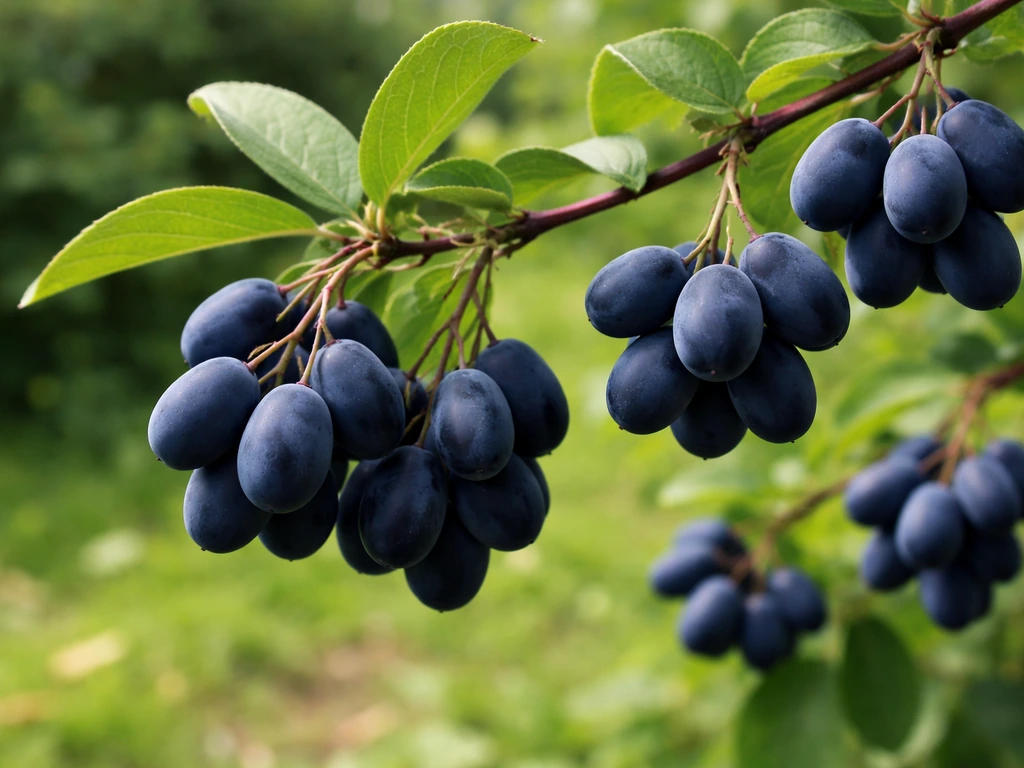 Close-up of honeysuckle vine with smooth black-blue berries on a natural outdoor branch.