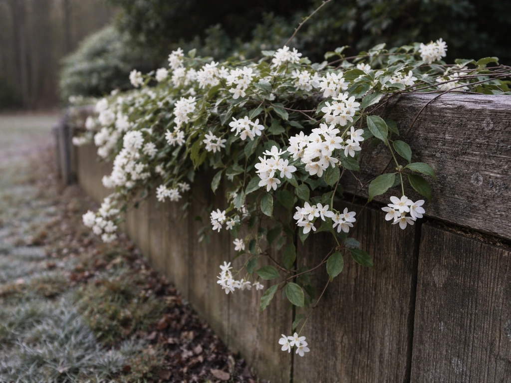 Jasmine vine with small white flowers climbing along a south-facing Maryland fence in cool weather.