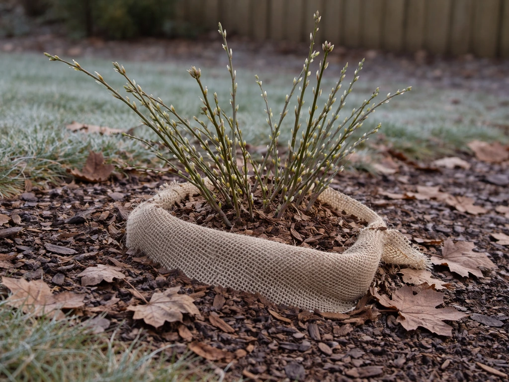 Winter jasmine in a garden bed with mulch and leaf/burlap protection before a cold snap.
