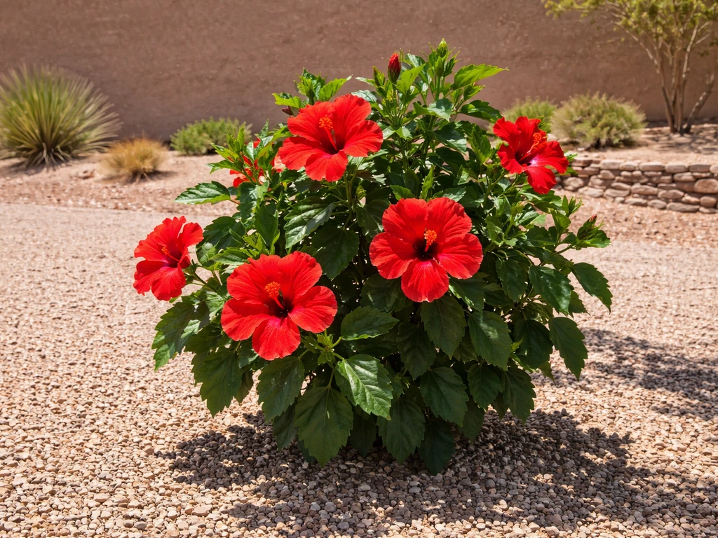 Blooming hibiscus thriving in a Las Vegas desert yard with full sun and dry landscaping.