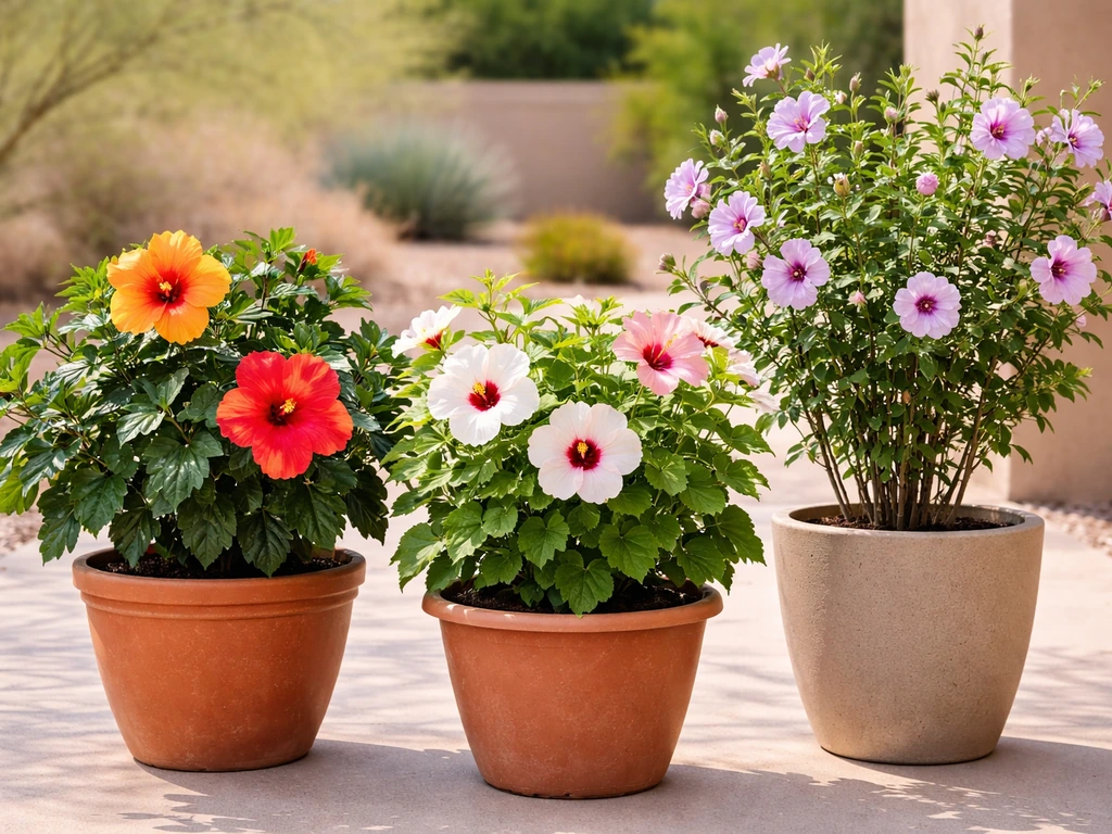 Three hibiscus plants in separate pots showing tropical, hardy, and rose of sharon forms in desert light.