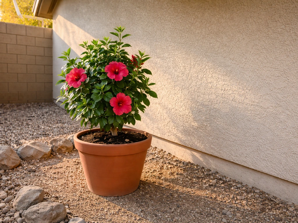 Potted hibiscus in morning sun near a wall overhang casting afternoon shade in a Las Vegas backyard.