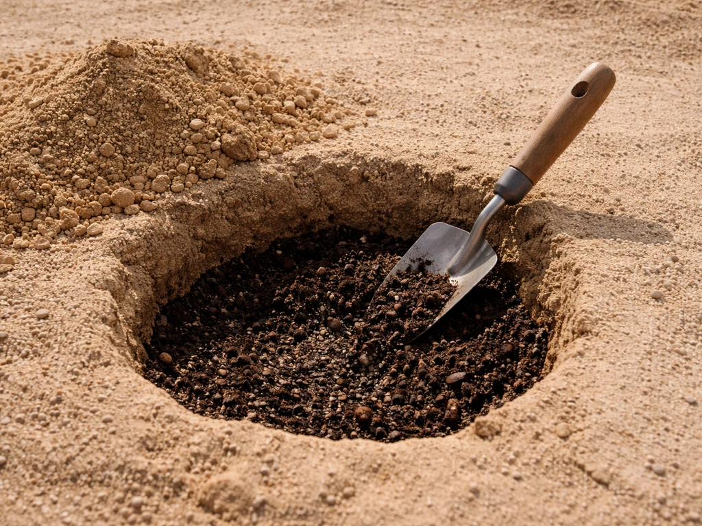 Dug desert planting hole with dark compost mixed into native sandy soil for hibiscus.