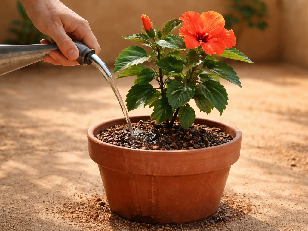 Hands slowly watering a potted hibiscus at the root zone on a dry patio, with well-draining soil.