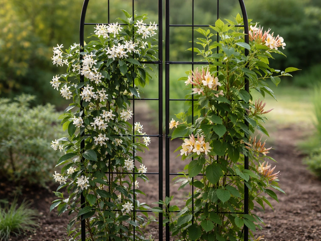 Jasmine and honeysuckle vines thriving together on the same trellis, distinct blossoms visible.