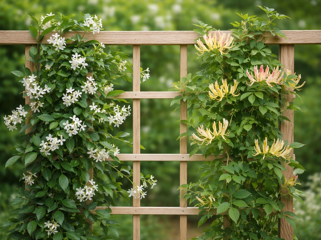 Star jasmine and honeysuckle vines climb side-by-side on a trellis in soft natural light.