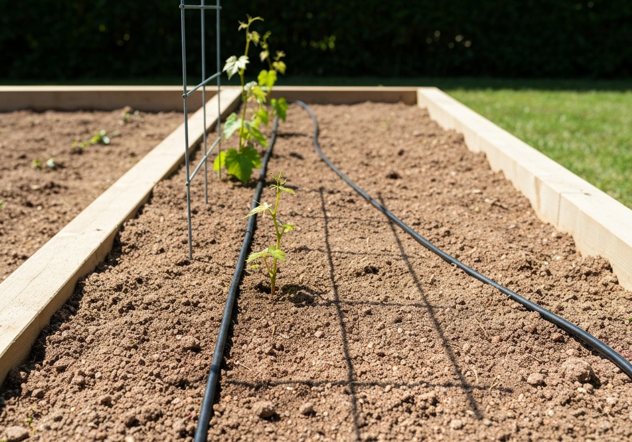 Raised garden bed with well-drained soil, soaker hose, and light/shadow showing part-sun vs full-sun.