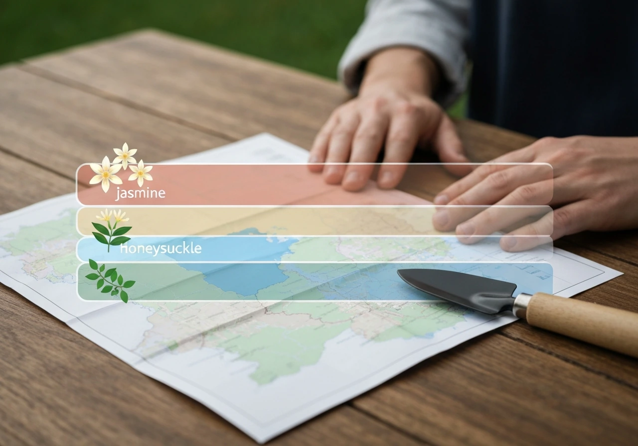 Minimal photo of a plant-feasibility map overlay with highlighted hardiness zone bands and jasmine/honeysuckle range vis