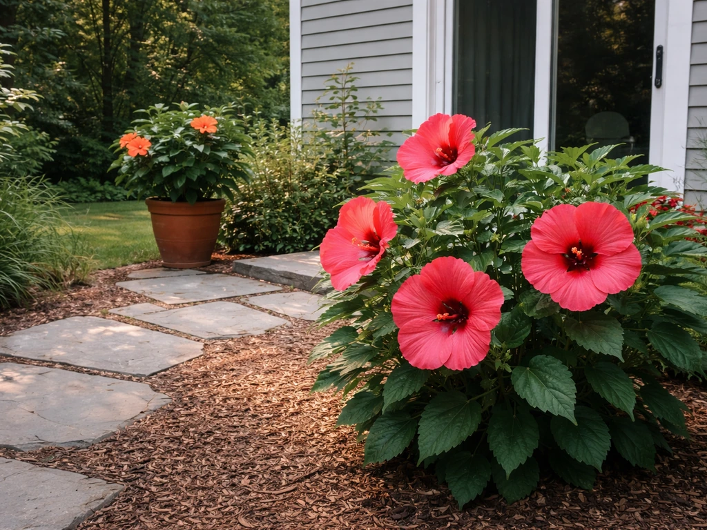 Hardy hibiscus in bloom beside a tropical hibiscus container near a patio door in a Massachusetts garden