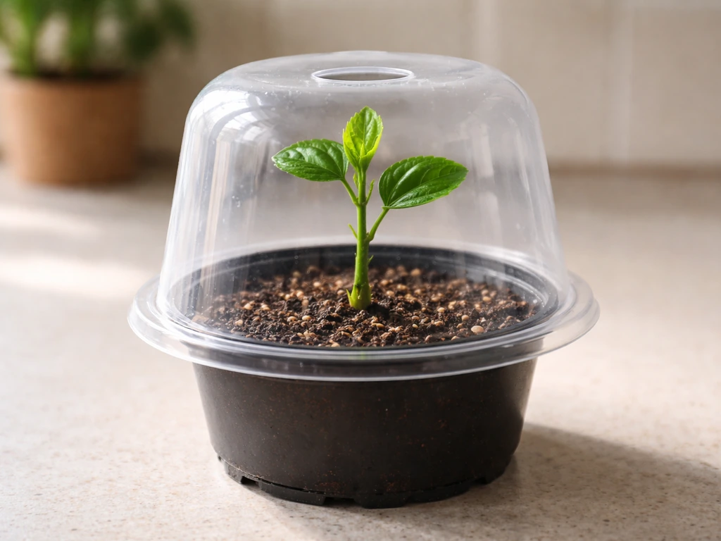 Close-up of a hibiscus stem cutting with a visible node in a small pot under a plastic dome.