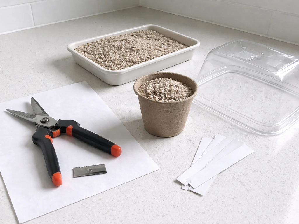 Sterile pruners and small pot set up on a clean counter with rooting medium for plant cuttings