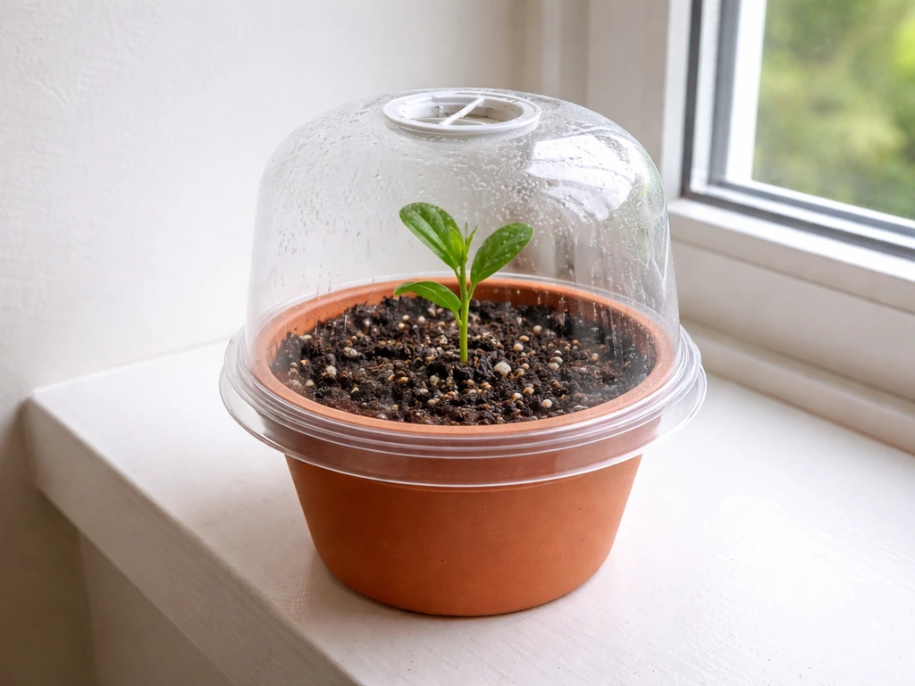 Plant cutting in a small pot under bright indirect light, humidity dome slightly open, damp rooting medium