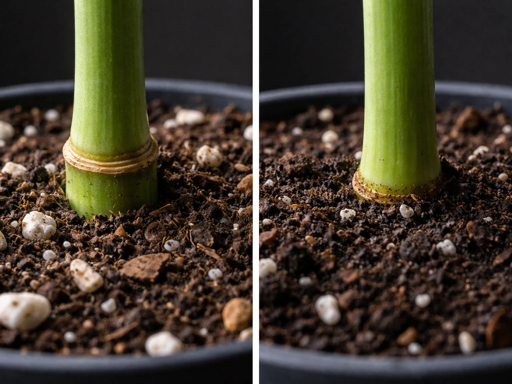 Two close-ups of plant cutting bases: one node above soil line, one properly buried in potting mix.