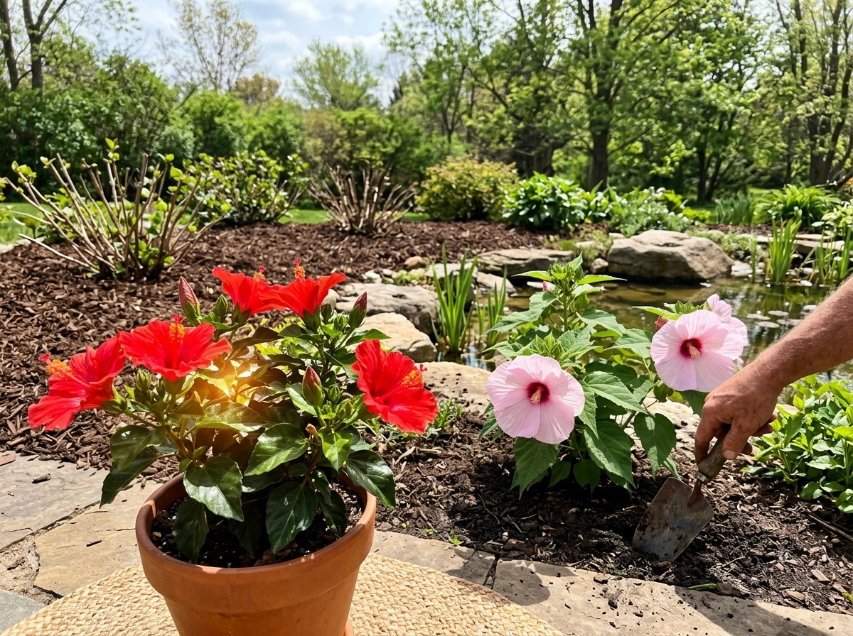 Tropical and hardy hibiscus plants thriving outdoors with soil, watering cues, and seasonal context