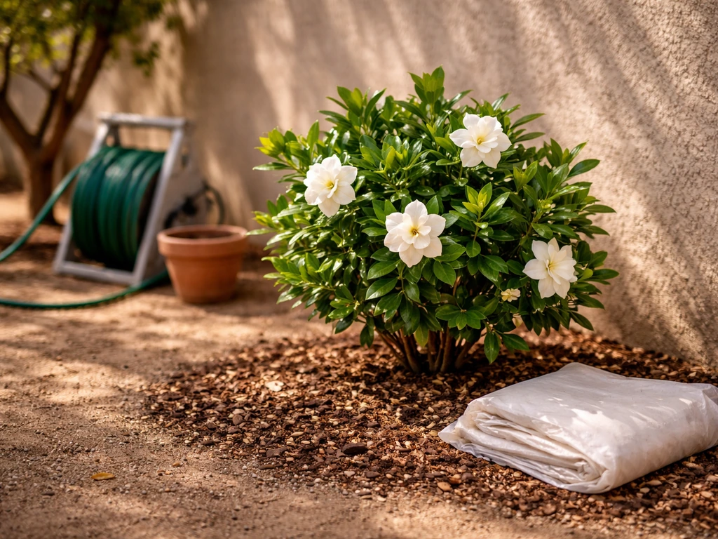 Blooming gardenia shrub in partial morning shade in a Phoenix-area backyard with desert landscaping.
