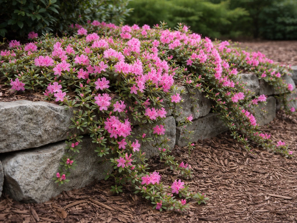 Trailing azalea blooms spill over a low garden stone edge, hugging the ground in natural light.