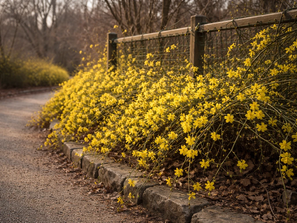 Winter jasmine blooms along a garden walkway with bare branches and early seasonal spring light in Tennessee