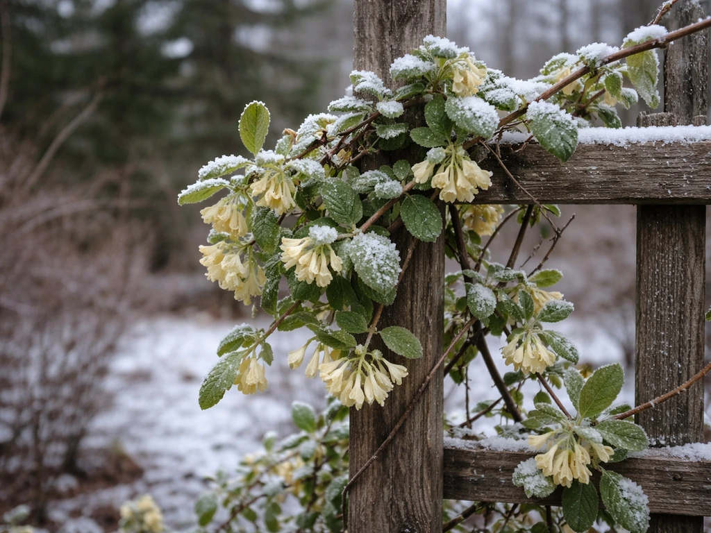 Honeysuckle vine blooming on a garden trellis in cold Canadian weather with light frost.