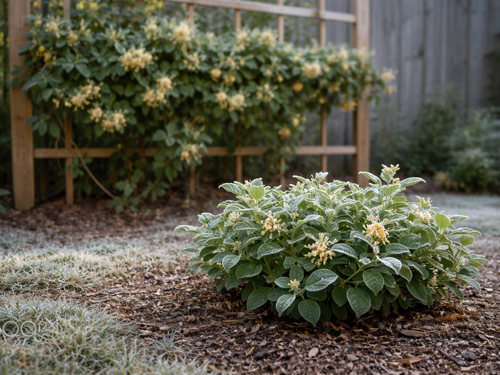 Native honeysuckle vine and shrub growing in a simple Canadian garden bed with frosty morning light