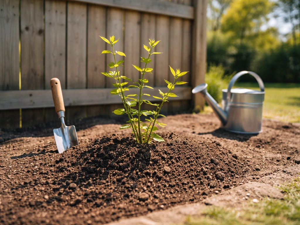 Honeysuckle vine planted in a sunny, well-drained loam bed with visible soil texture and garden tools nearby.