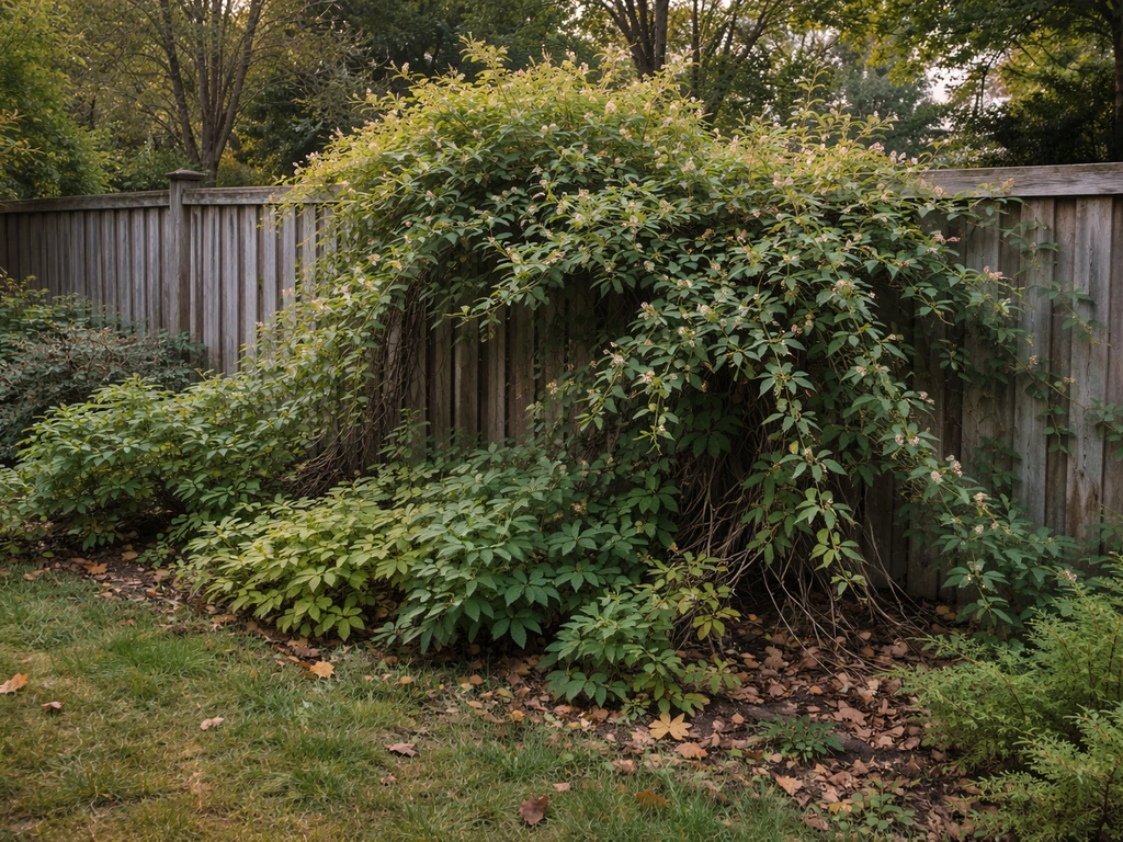 Dense tangled honeysuckle vines spreading over a wooden fence in a Canadian garden