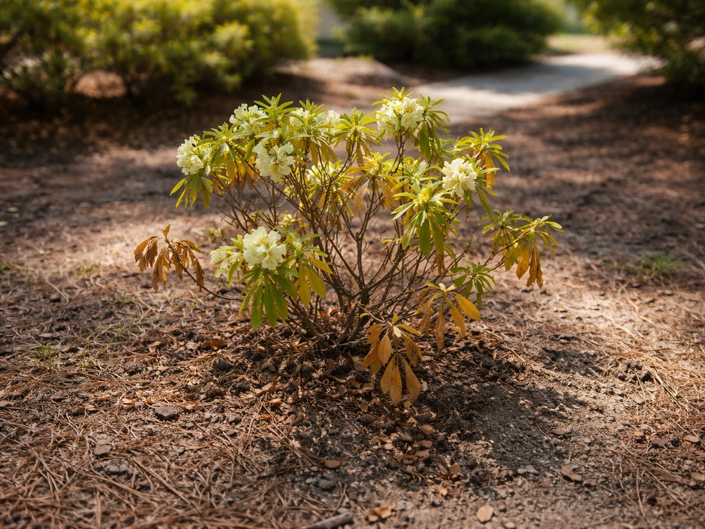 Struggling azalea shrub with yellowing leaves in sunlit garden soil and mulch, suggesting growth stress.