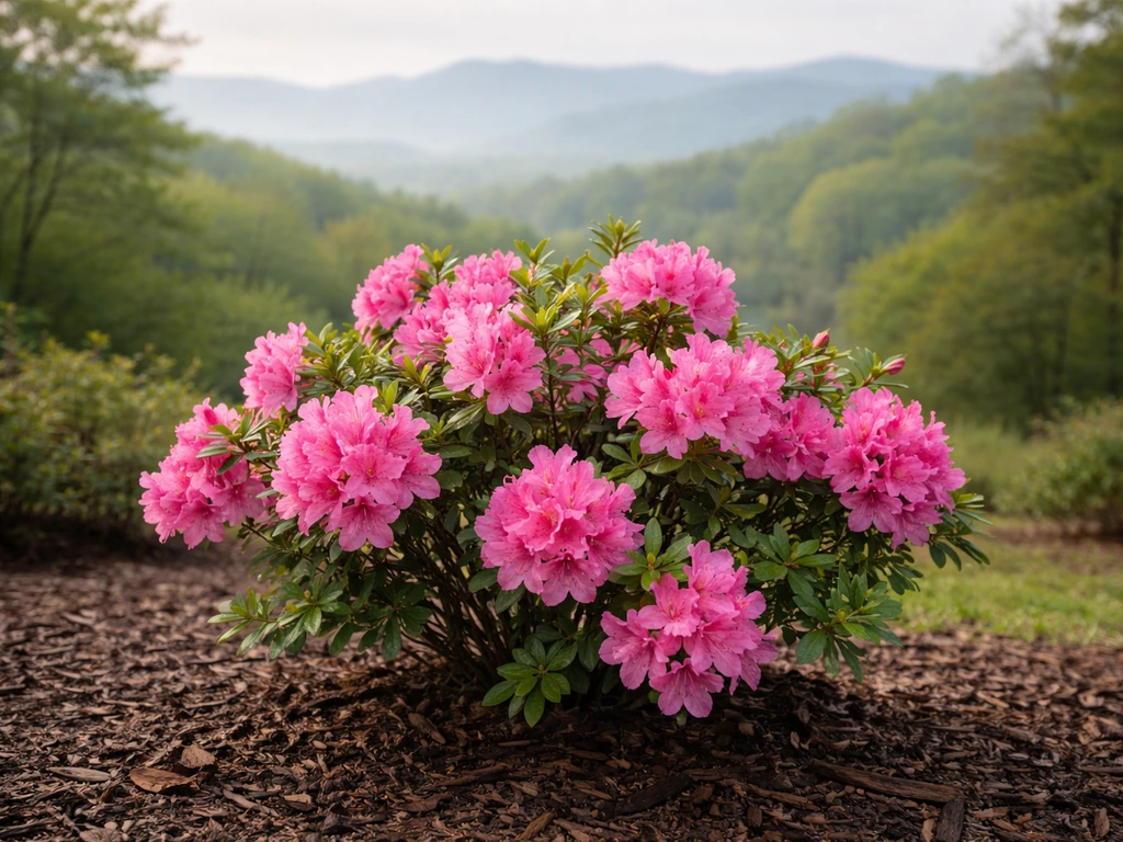 Pink azalea blooms in a Tennessee-like landscape with hazy mountains in the background.