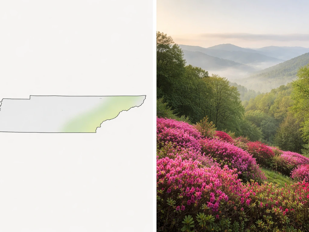 Tennessee outline subtly highlighting East Tennessee beside a misty hillside full of blooming azaleas.