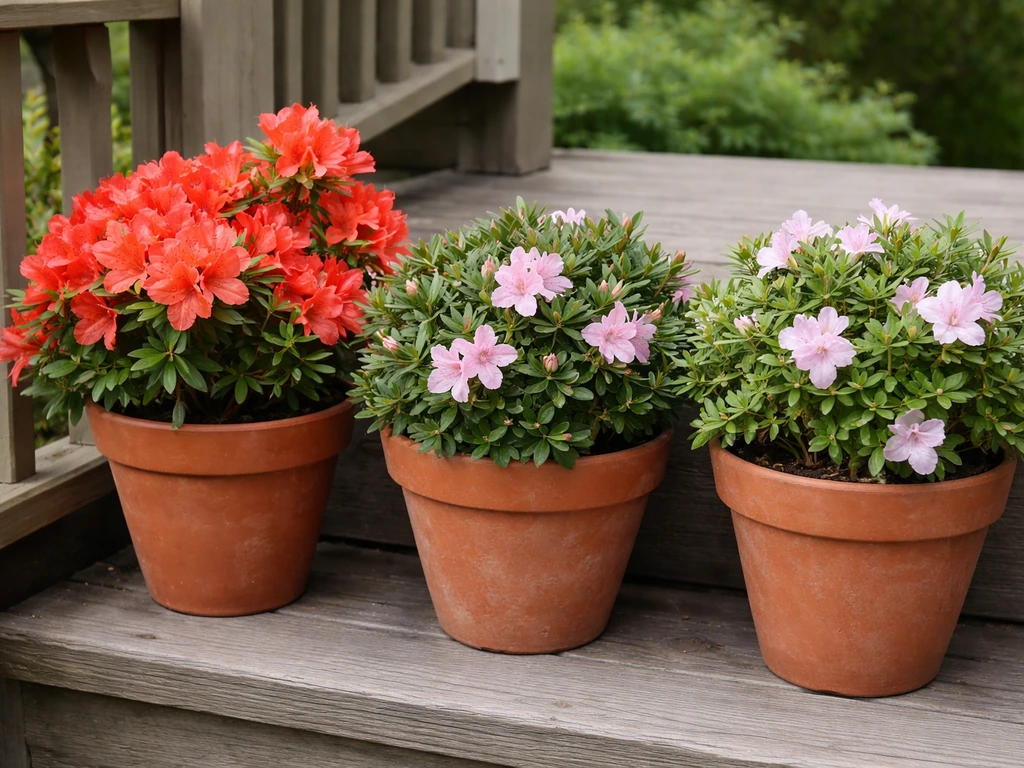 Three potted azalea varieties—native, evergreen, and reblooming—grouped on a porch for Tennessee planting.