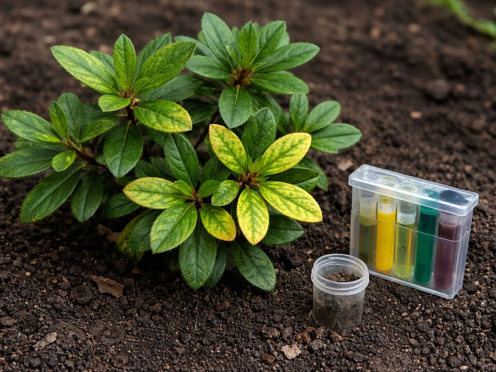 Close-up of azalea leaves with yellow chlorosis next to a small soil test kit on garden soil.
