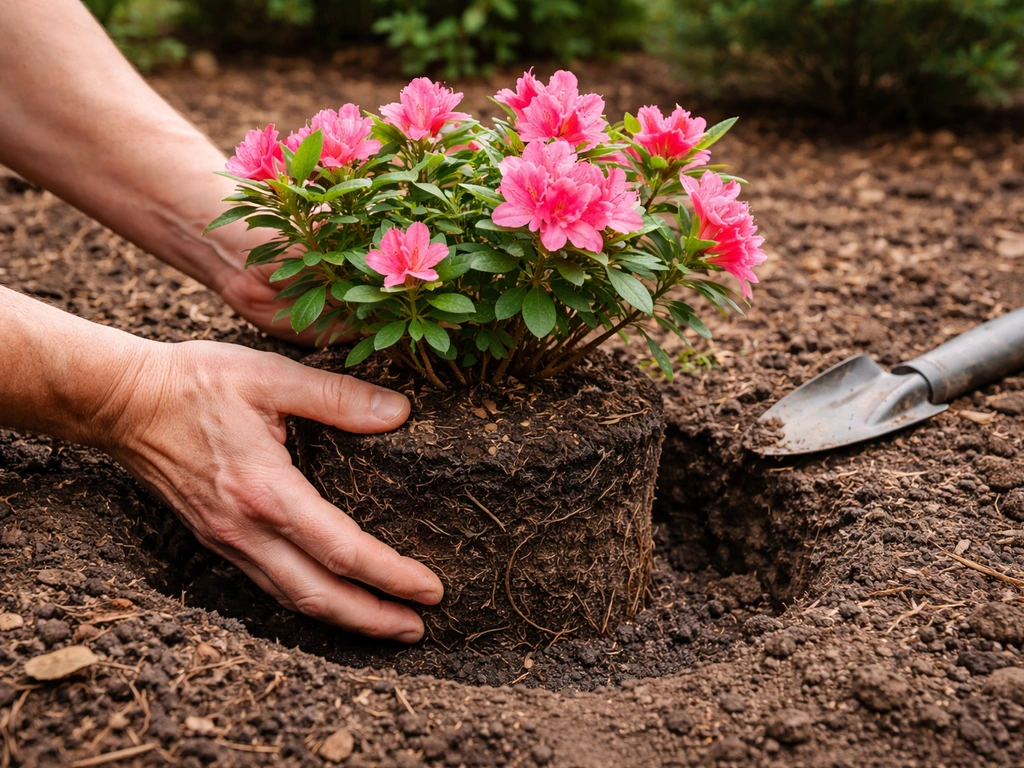 Hands placing an azalea at correct height into amended acidic soil in a simple garden bed.
