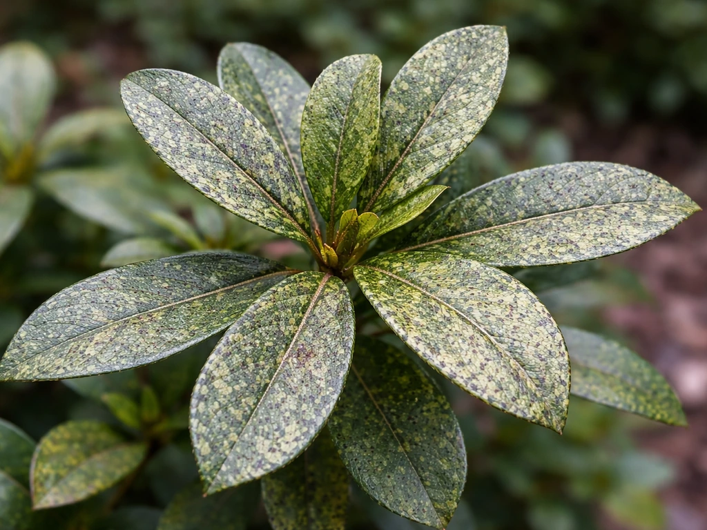 Close-up of evergreen azalea leaves with stippling and speckled damage from lace bug feeding.