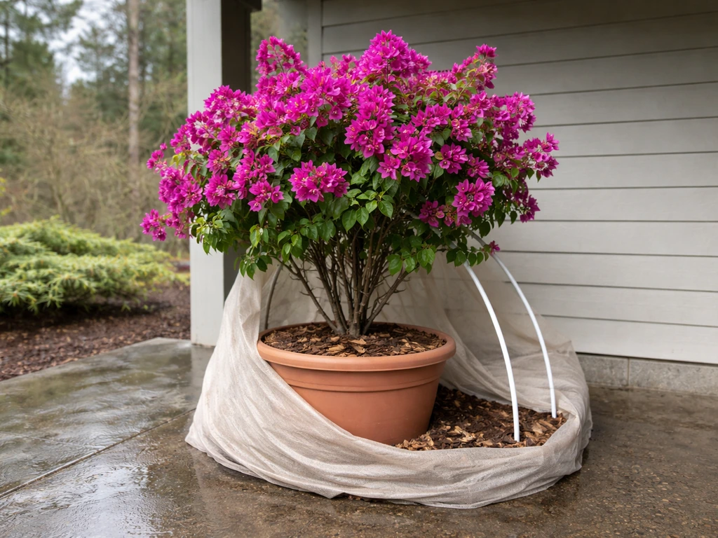 Bougainvillea in a large pot on an Oregon patio with mulch and frost cloth protection for winter.
