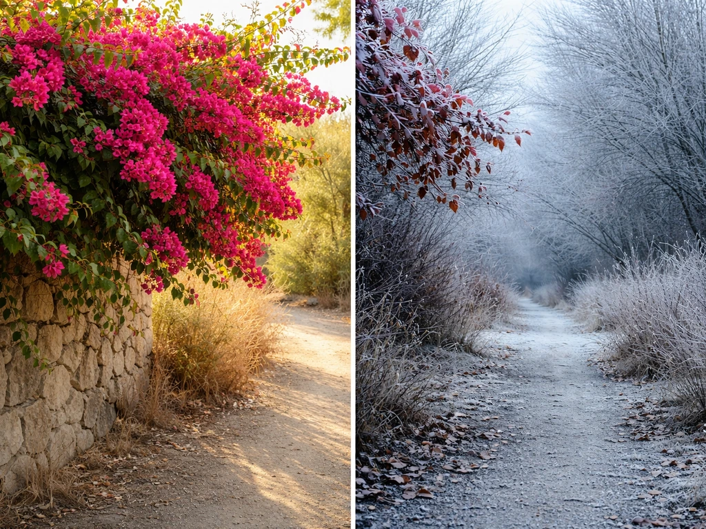 Sunlit bougainvillea beside a frosty Oregon-like landscape, showing cold risk near 30°F.