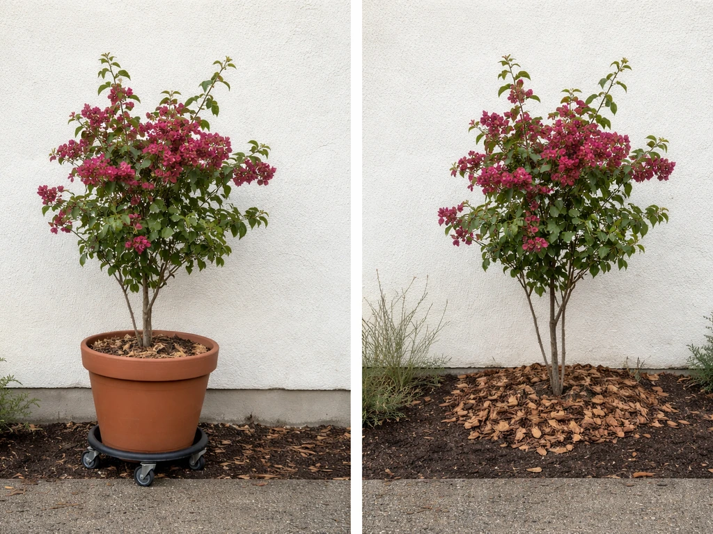 Bougainvillea side-by-side: potted plant on casters near a wall vs an in-ground bed with winter mulch