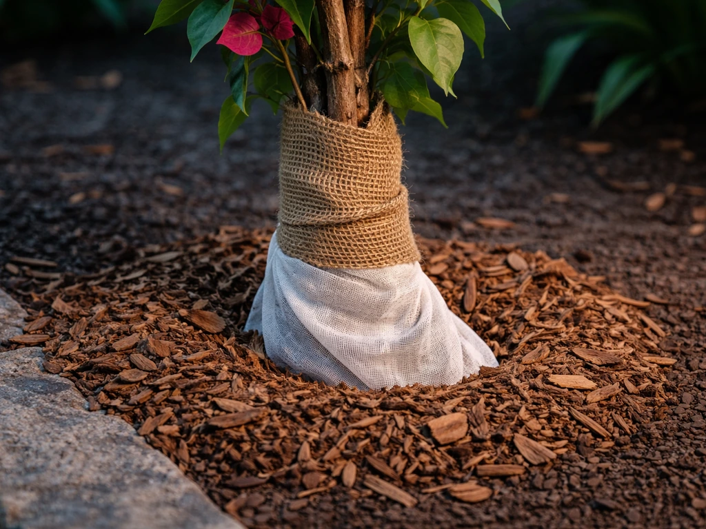 Bougainvillea cane wrapped in burlap, with mulch layered over the root zone for frost protection.